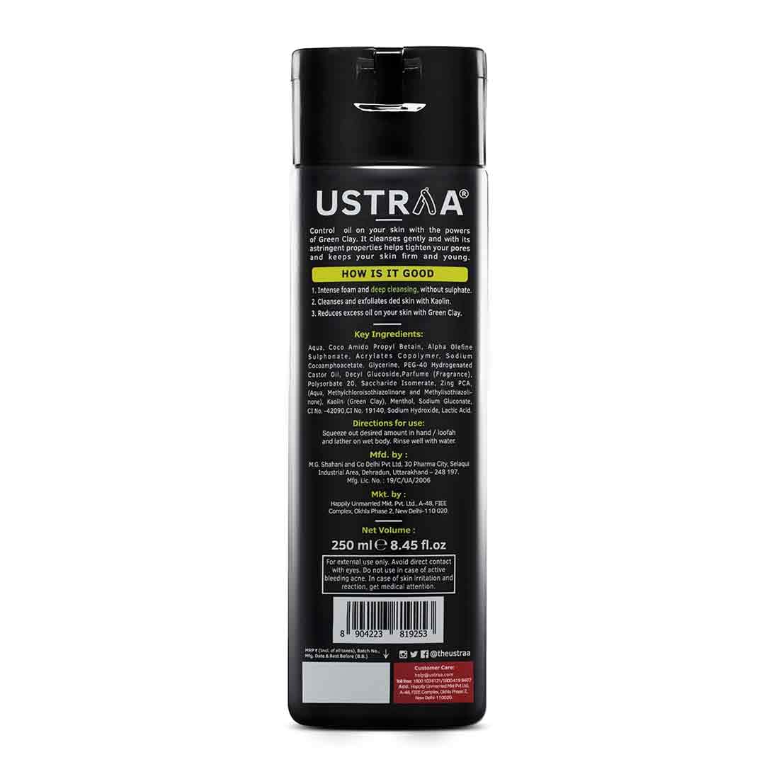 Ustraa Body Wash-Green Clay 250 ml | Intense Oil Control, Removes Excess Oil, No Post-Shower Dryness, Intense Foaming without Sulphates | Suitable for all Skin Types
