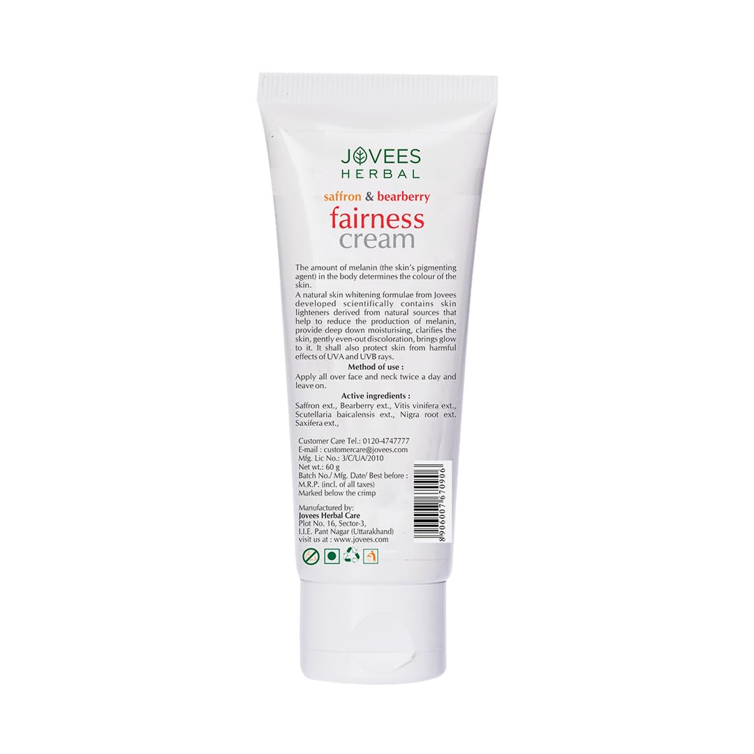 Jovees Herbal Saffron & Bearberry Fairness Face Cream | For Women/Men | Bright, Even Toned and Glowing Skin | UVA/UVB Protection | Paraben and Alcohol Free | 60GM