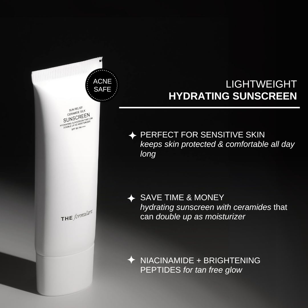 The Formularx Sun Relief Ceramide Sunscreen SPF 50 PA++++ | Broad Spectrum UV & Blue Light Protection | For Oily, Acne prone, Sensitive Skin | Brightening Barrier Care with Niacinamide, Hyaluronic acid, & Peptides | Lightweight, No White Cast | Water & Sw