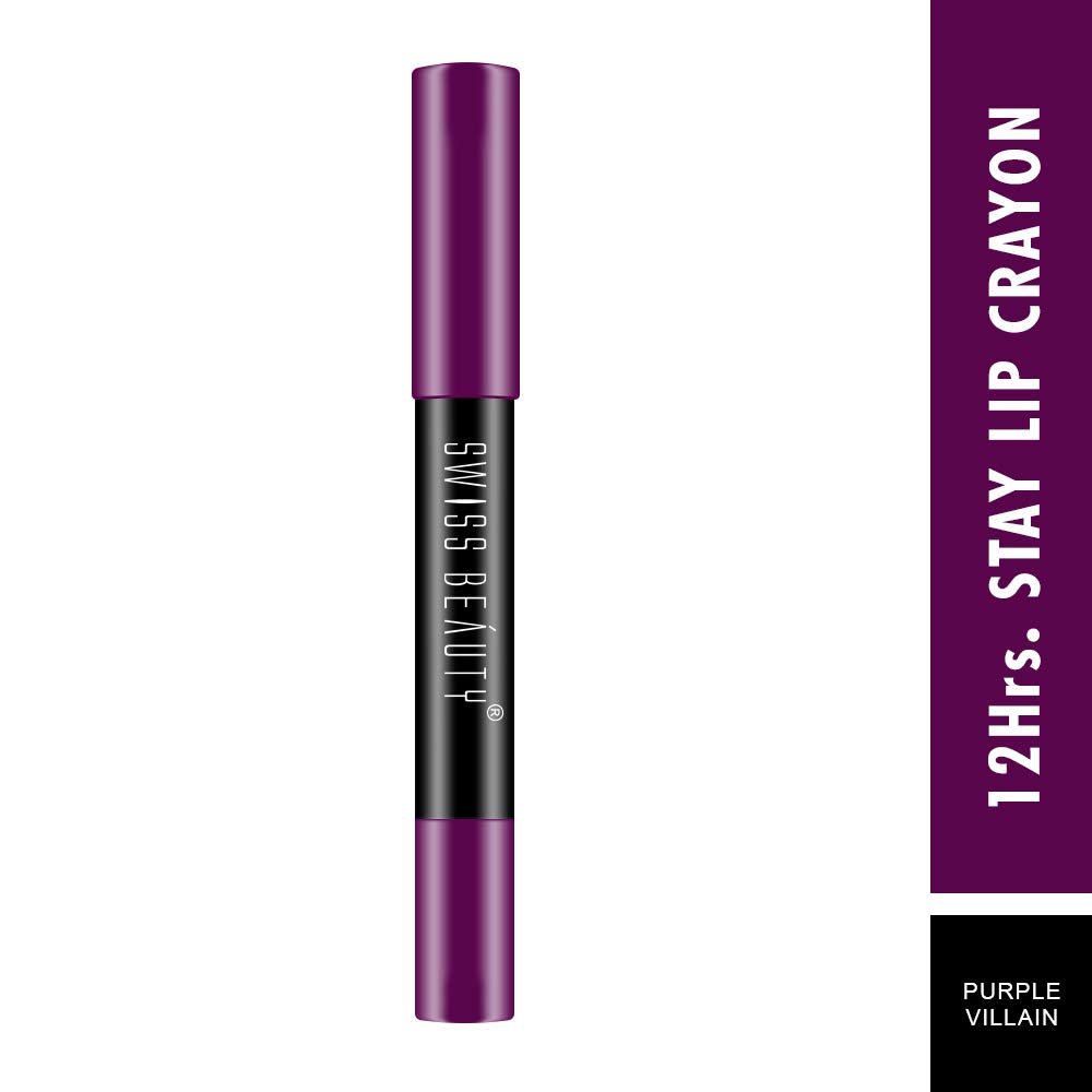 Swiss Beauty 12 Hrs. Stay Matte Lip Crayon, Purple Villain, 3g - Long Lasting, Waterproof, Super Stay, Matte Finish Lip Crayon, Long Wear, Crayon Lipstick