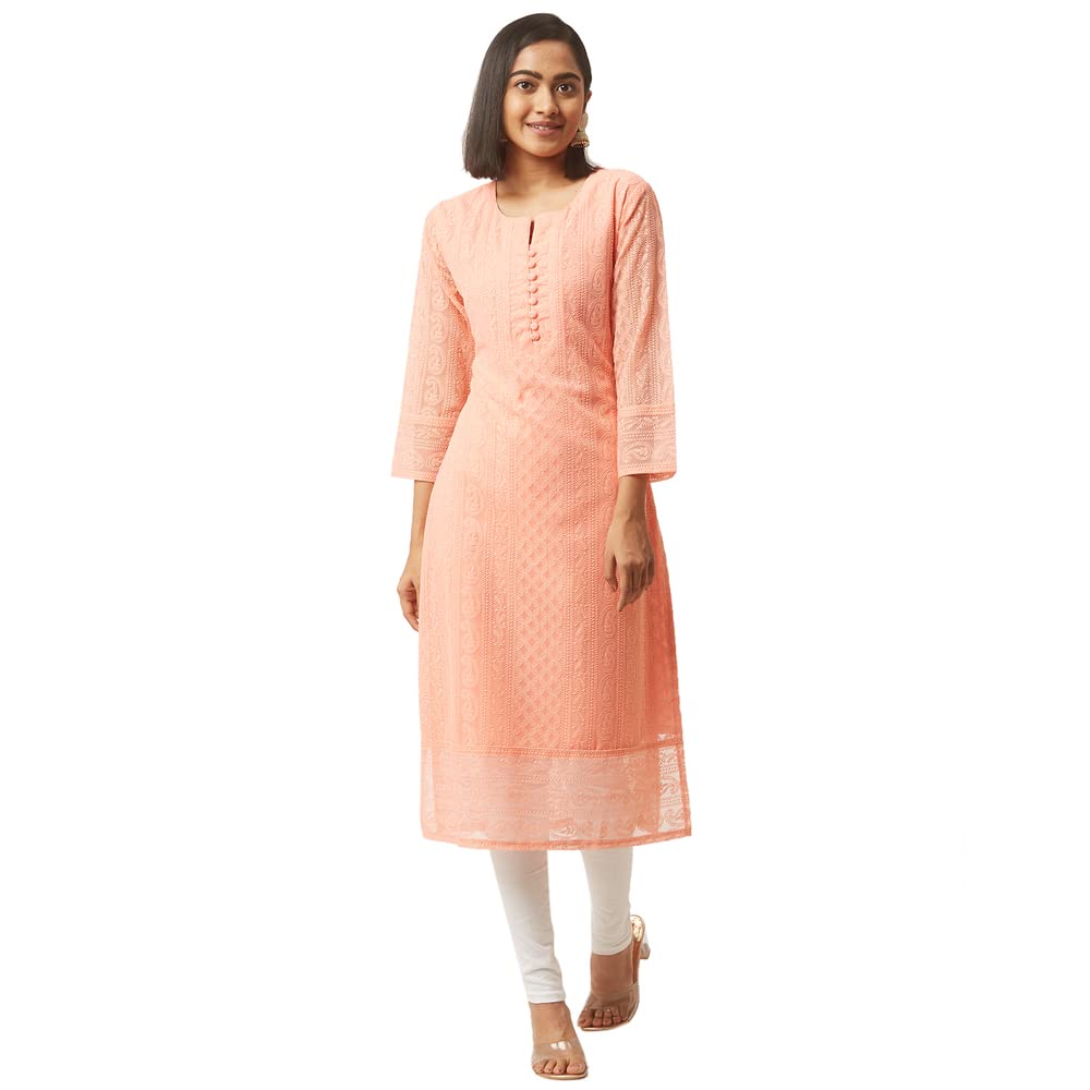 ZOLA Exclusive Georgette Round Neck with Full Sleeves and Calf Length Luckhnowi Chikan Kari Kurta with Button Placket on Yolk Ethnic Wear Straight Kurta for Women Pack of 1