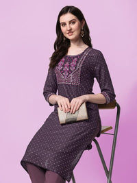 SOURBH Women's  Rayon Sequins Embroidered and Polka Dots Printed Straight Fit Kurti Only 2XL Purple