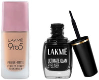 Lakmé 9 To 5 Primer + Matte Perfect Cover Liquid Foundation & Lakmé Insta Eye Liner 9ml Combo