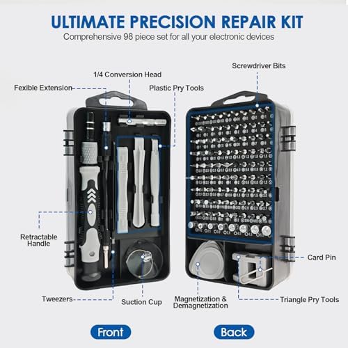 115 In1 Precision Screwdriver Set, Professional Magnetic Repair Tool Kit for Electronics, Watch, Mobile Phone, Laptop, Game Console, Camera, Eyeglasses, Modding, and DIY Projects
