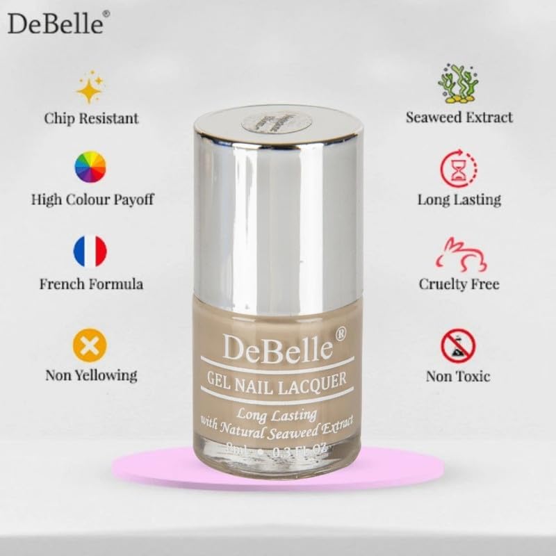 DeBelle Gel Nail Polish Moonstone Bloom (Grey Taupe Nail Paint)|Non UV - Gel Finish |Chip Resistant | Seaweed Enriched Formula| Long Lasting|Cruelty and Toxic Free| 8ml Glossy Finish