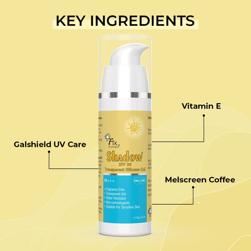 Fixderma Shadow Sunscreen SPF 30 PA+++ Transparent Silicone Gel | Moisturizer for Acne Prone Skin | Sun Screen Protector SPF 30 | Sunscreen for Body & Face | Broad Spectrum Sunscreen for UVA & UVB Protection | Sunscreen for Women & Men - 30gm