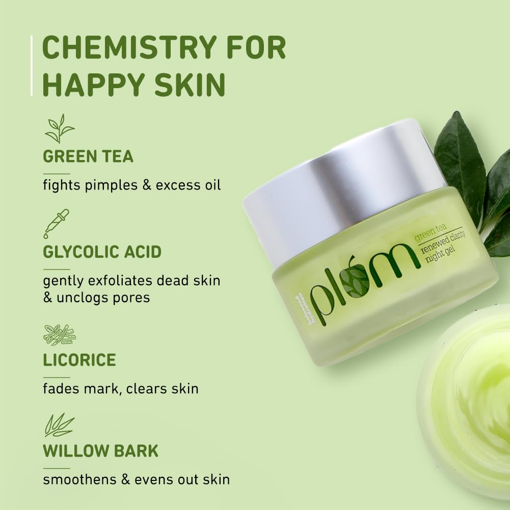 Plum Green Tea Renewed Clarity Night Gel | Normal, Oily, Acne-Prone, Combination Skin | Night Cream For Women | Overnight Repair | 100% Vegan | Paraben Free | 50ml