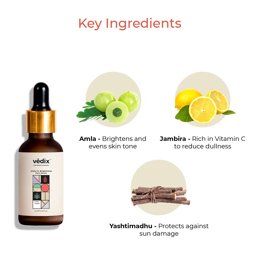 Vedix Vitamin C Face Serum, Customised Ayurvedic Aloka VC Brightening Face Serum, With Amla + Yashtimadhu + Jambira For Tanned Skin - 20 ml