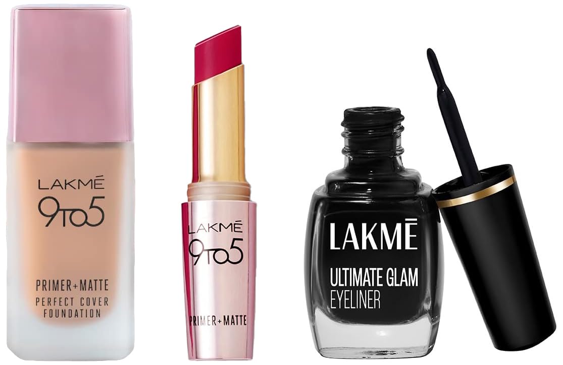 Lakmé 9 To 5 Primer + Matte Perfect Cover Liquid Foundation & Lakmé Insta Eye Liner 9ml, Black Semi Matte Eyeliner & Lakmé 9TO5 Primer + Matte Lip Color Rose Day 3.6 g