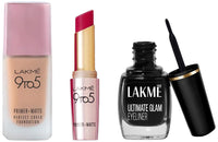 Lakmé 9 To 5 Primer + Matte Perfect Cover Liquid Foundation & Lakmé Insta Eye Liner 9ml, Black Semi Matte Eyeliner & Lakmé 9TO5 Primer + Matte Lip Color Rose Day 3.6 g