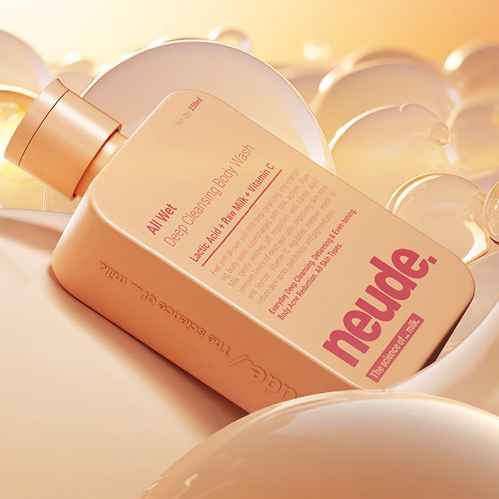 Neude All Wet 250ml De-Tan Body Wash with Milk, Lactic Acid, Vitamin C for Skin Brightening, Dark Spot & Pigmentation Reduction; Deep Cleansing Shower Gel Prevents Dryness for Men & Women - Pack of 2