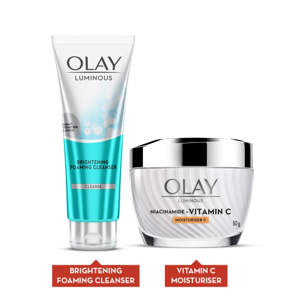 Olay Vitamin C Kit for 2X Glow | Vitamin C Cream with Free Cleanser l Even Glow and Smooth Texturee | With Niacinamide l Normal, Oily, Dry & Combination Skin l Parabens & Sulphate free | Pack of 2
