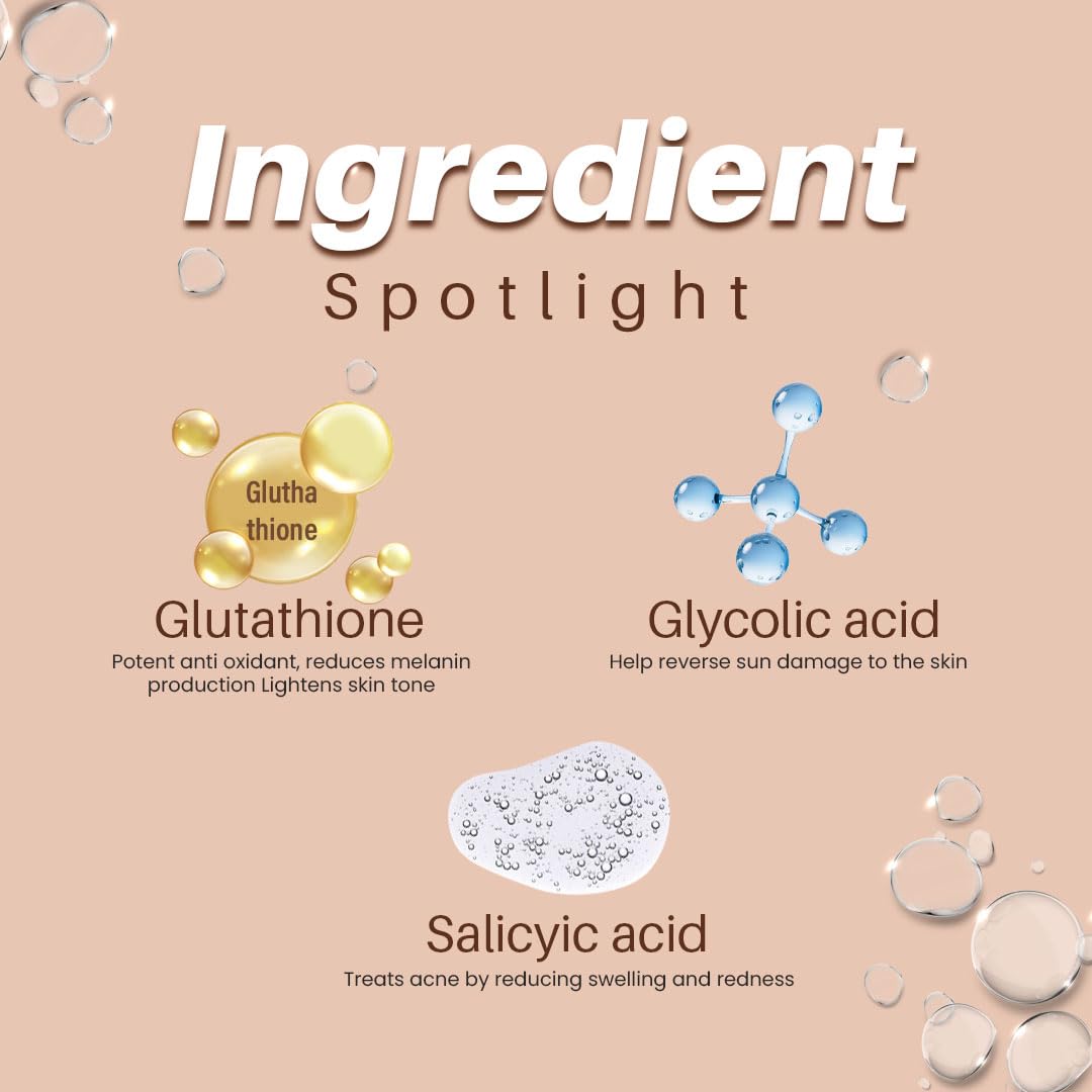 Glamveda Glutathione Skin Perfecting Face Serum with 2% ww Glycolic acid, 1% ww Salicylic acid for Glowing Skin | Brightening and Lightening Serum | 30ml