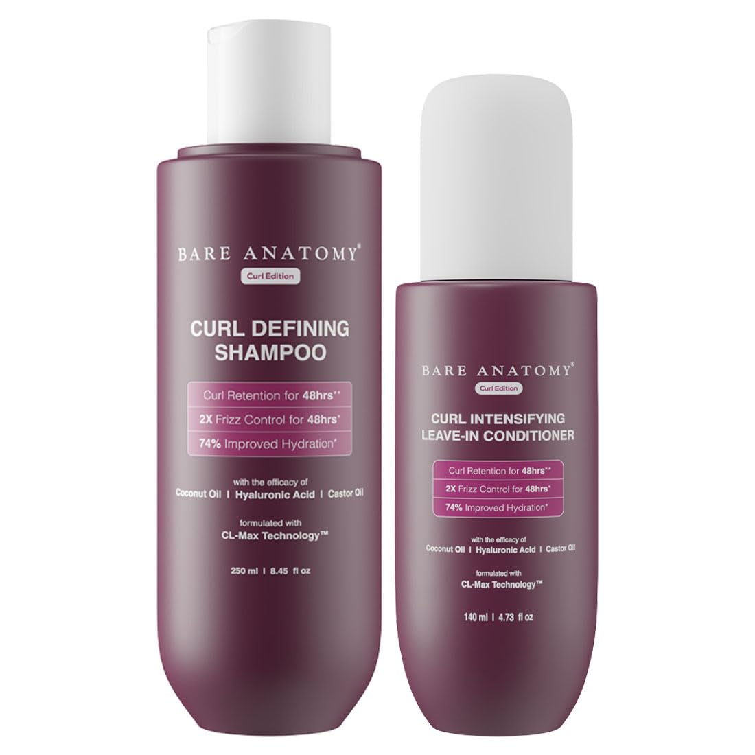 Bare Anatomy Curl Defining Shampoo + Curl Intensifying Leave In Conditioner Cream | Curl Retention & 2X Frizz Protection For 48 Hours | Sulphate & Paraben Free | Women & Men | 250 ml + 140ml