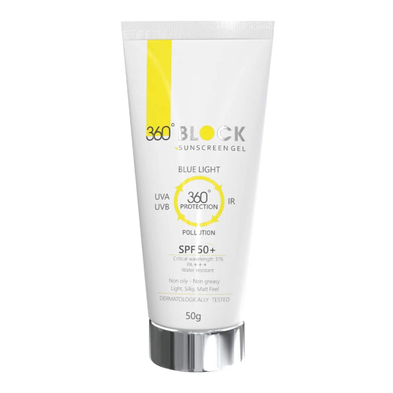 360 Block Sunscreen Gel SPF 50+ - protects from UVA, UVB, INFRA-RED RADIATION (IR), BLUE LIGHT & ATMOSPHERIC POLLUTANTS