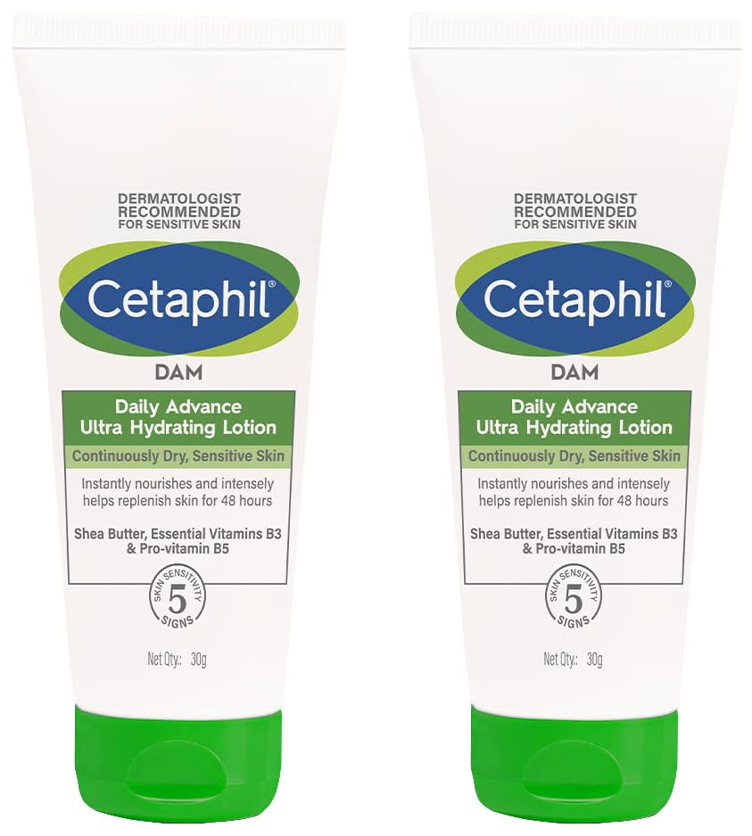 Cetaphil DAM Daily Advance Ultra Hydrating Lotion for Dry, Sensitive Skin| 30 g| Moisturizer with Shea Butter| Non-Greasy, Fragrance-Free| Paraben, Sulphate Free (Pack of 2)