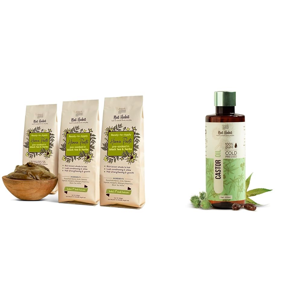 Nat Habit - Fresh Ready To Apply Henna Paste (Pack of 3 x 220g) and Nat Habit Cold Pressed 100% Pure Castor (Arandi) Oil for Skin & Hair - 200ml