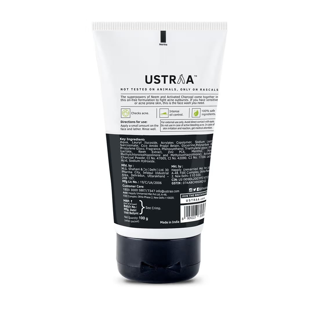 Ustraa Face Wash Acne Control - With Neem & Charcoal - 100g - Oil control, Prevents Acne, Especially for Oily skin | Keeps Face Non-sticky, Non-oily | No SLS, No Paraben