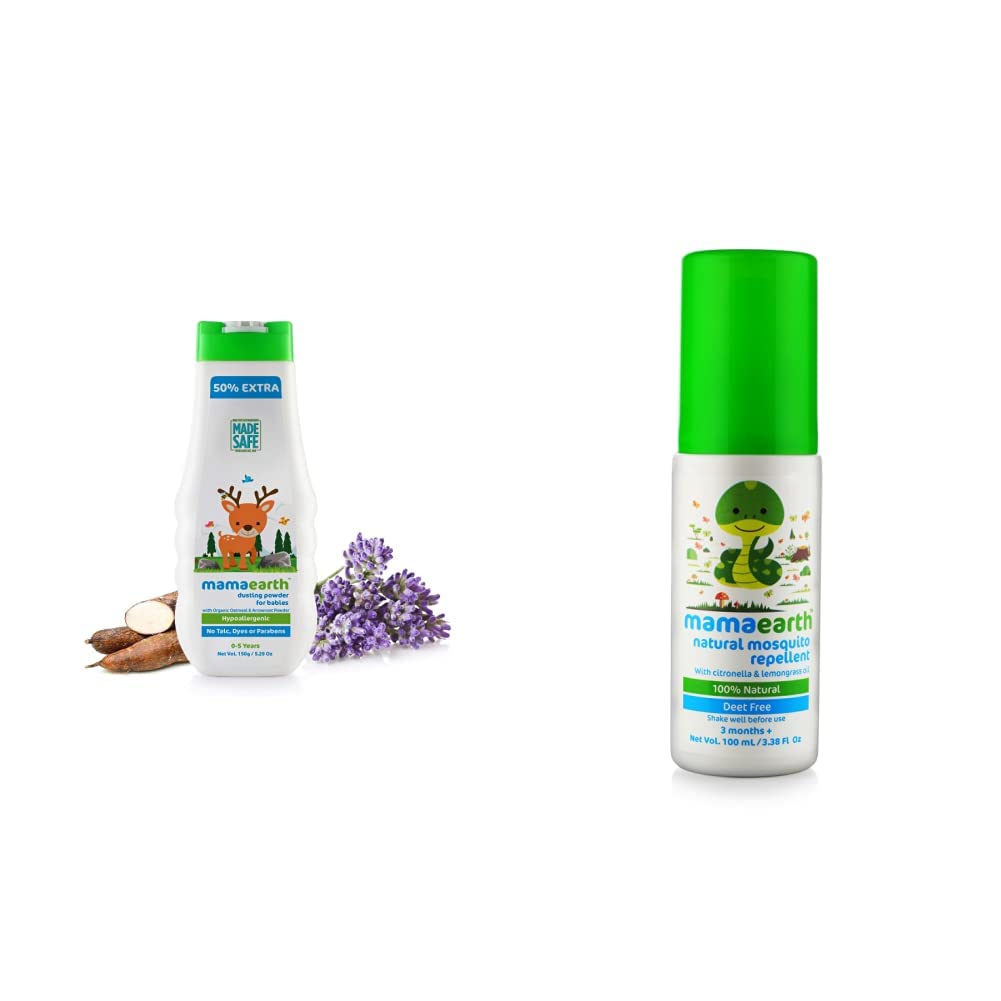 Mamaearth Talc Free Organic Dusting Powder for Babies 100 Gm with Arrowroot & Oat Starch & Mosquito Repellent Natural Spray by mamaearth with Natural Oils for Babies and Kids