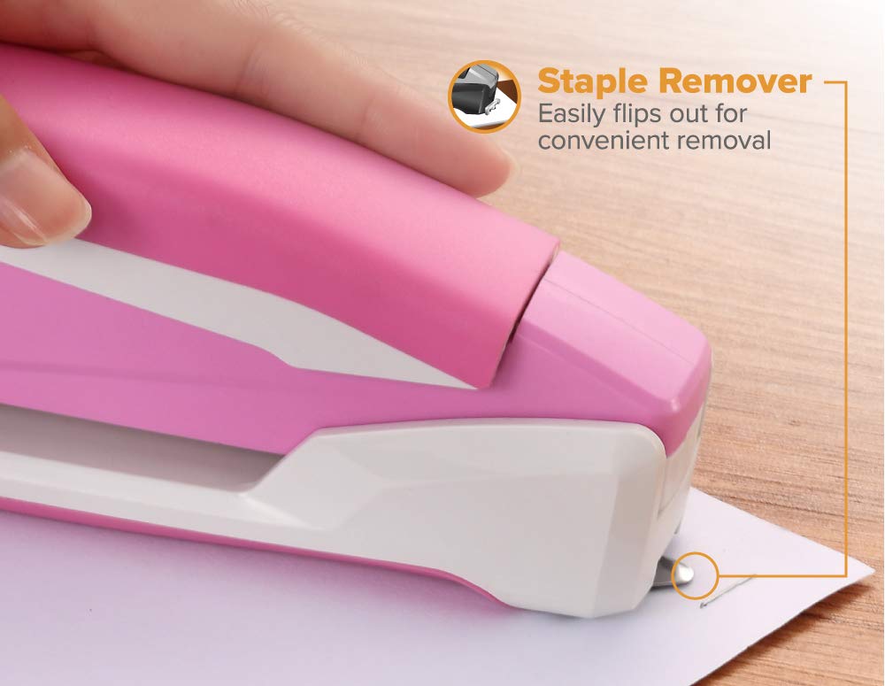 Bostitch Office InPower Spring-Powered Desktop Stapler, 20 Sheet Capacity, One Finger Stapling, Includes 210 Staples, Jam Free, Opens for Tacking, Breast Cancer Awareness Pink