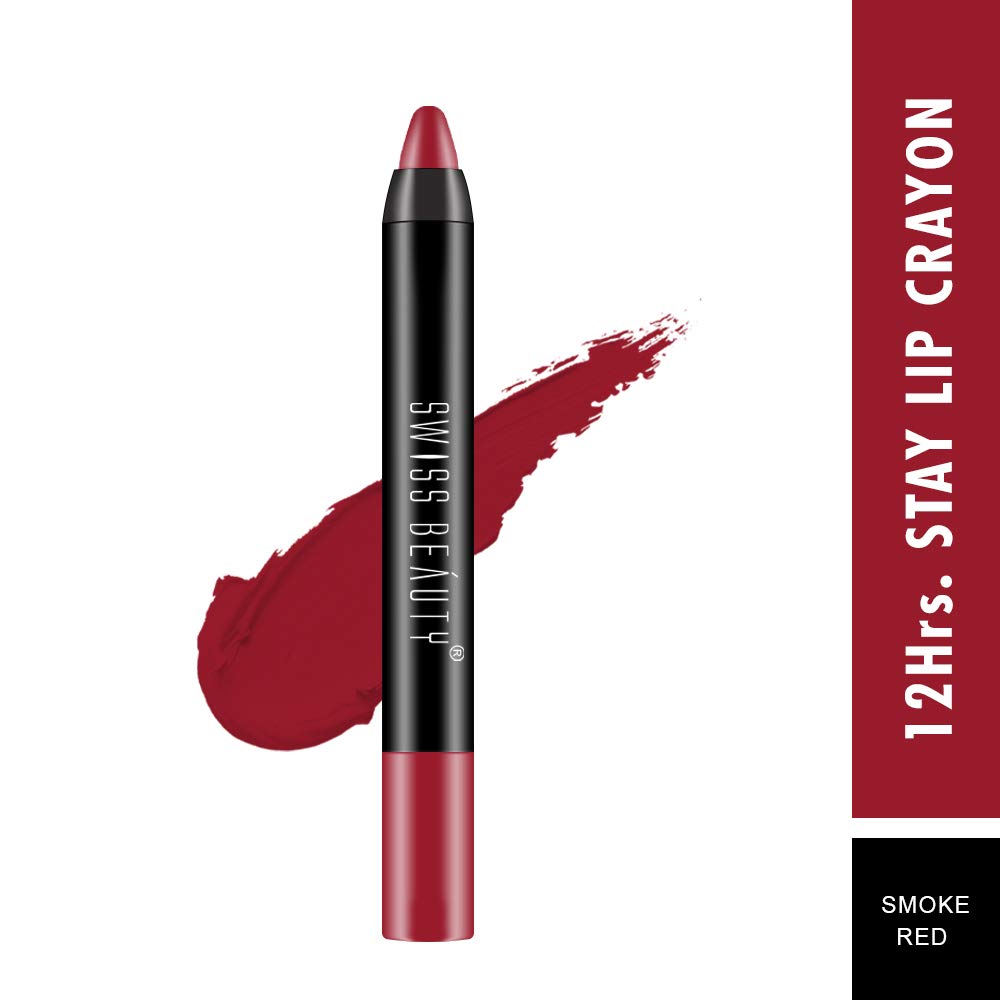 Swiss Beauty 12 Hrs. Stay Matte Lip Crayon, Smoke Red, 3g - Long Lasting, Waterproof, Super Stay, Matte Finish Lip Crayon, Long Wear, Crayon Lipstick
