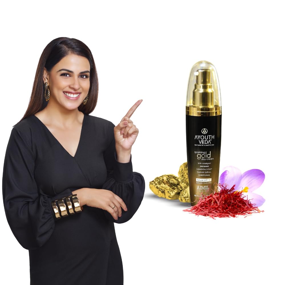 Ayouthveda Sparkling 24K Nano Elemental Gold Day Cream With Natural SPF 15|Provides Golden Glow & Improves Skin Firmness| Blend of Kashmiri Saffron & Milk Cream For All day Use(Pack Of 1-50g)