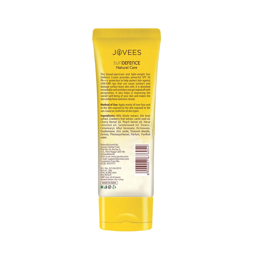 Jovees Herbal Sun Defence Cream SPF 50 PA+++ Broad Spectrum For All Skin | Protection From UVA/UVB & Sun Damaged | Lightweight, Non Greasy & Quick Absorption 50g