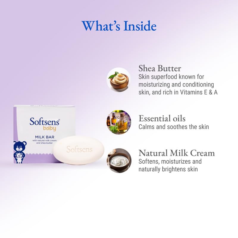Softsens Baby Moisturizing Milk Soap Bar Enriched with Natural Milk Cream & Shea Butter I Dermatologically Tested & Paraben Free for Baby Skin-(9 Soaps x 100g) (Pack of 3)