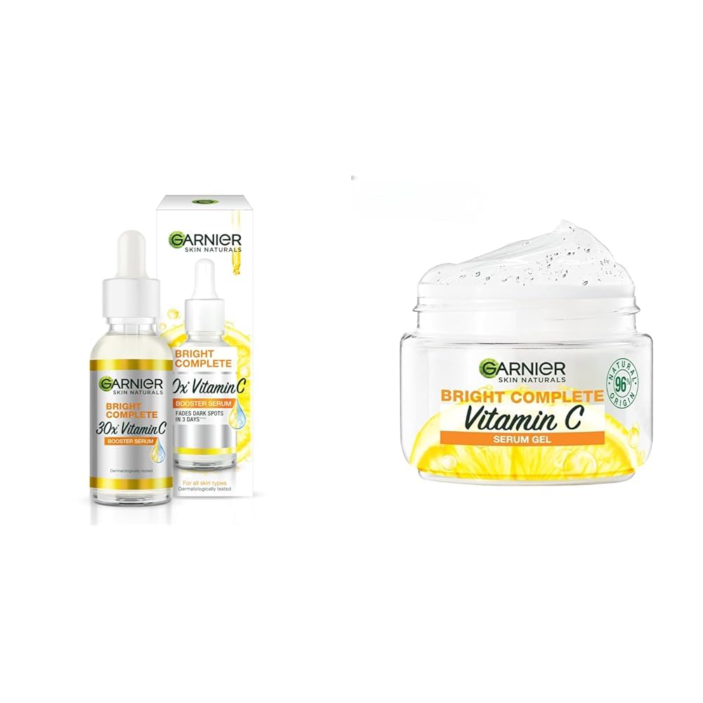 Garnier Skin Naturals,Face Serum,Brightening and Anti-Dark Spots,Bright Complete Vitamin C Booster, 50 ml & Garnier Brightening Moisturiser,Serum Gel,For Radiant skin, Bright Complete Vitamin C, 45g