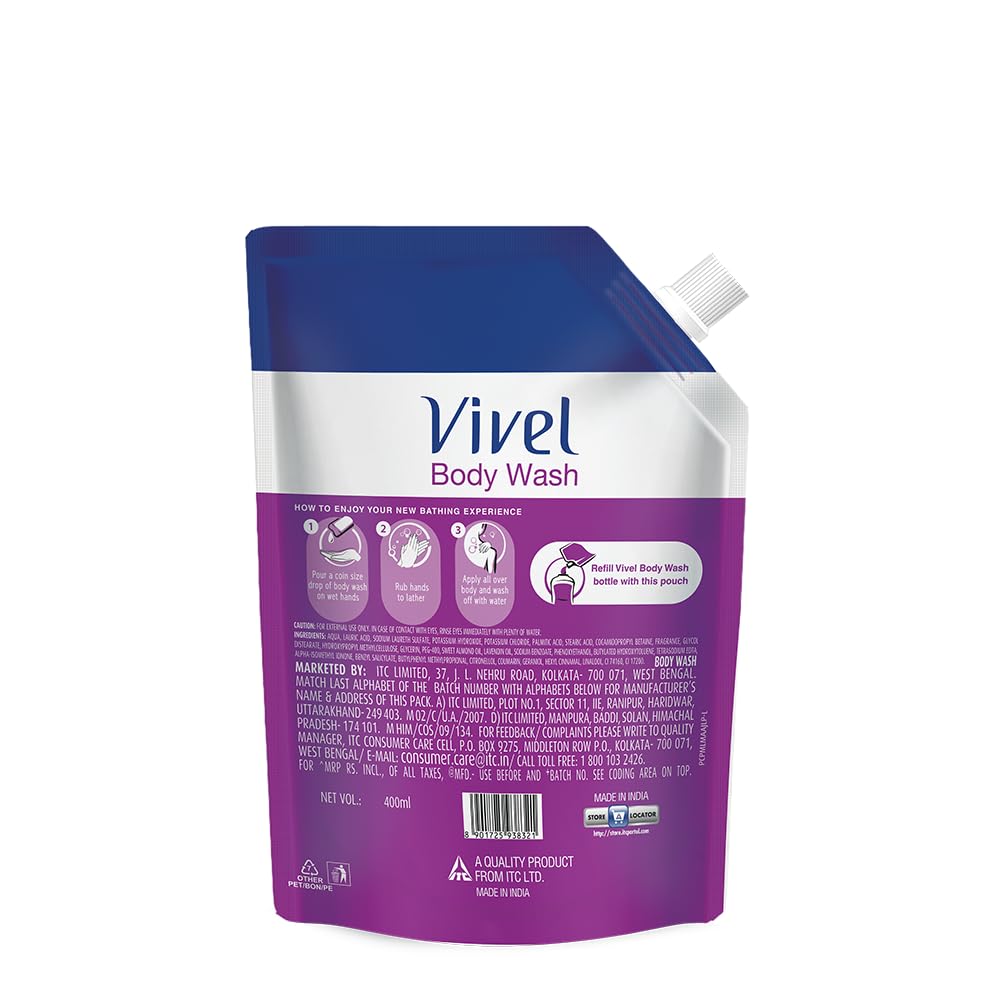 Vivel Fragrant Body Wash, Lavender & Almond Oil Shower Gel, 400 ml Supersaver Refill Pouch, Moisturizing Bodywash, Soft & Smooth Skin, Effective Cleansing, For Women & Men