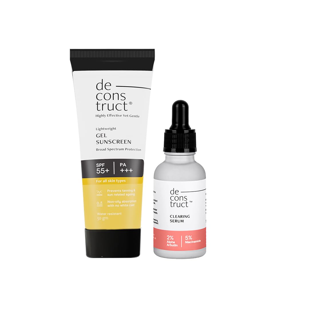 Deconstruct Skin Clear & Protect Duo: Clearing Face Serum & SPF 50+ Gel Sunscreen | Skin Clearing Serum and Gel Sunscreen with No White Cast & Lightweight | Pack of 2