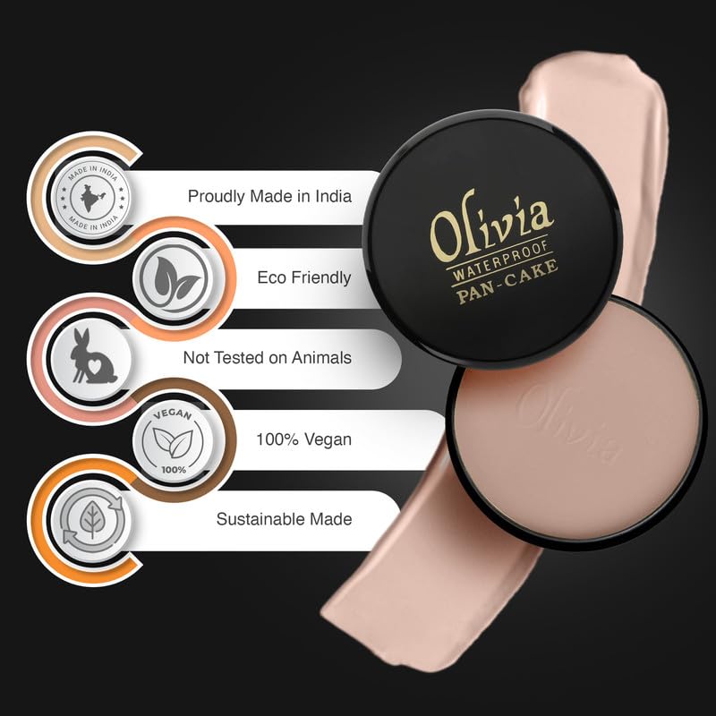Olivia Pan Cake 100% Waterproof Foundation & Makeup Concealer | Long-Lasting Sweatproof Base Makeup | Smudge-Proof, Paraben-Free Formula | For All Skin Types | Dark Beige - 28 | 25g