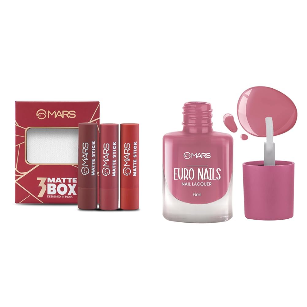 MARS Matte Box Set of 3 Lipsticks for Women | Long-Lasting | Smooth Finish | Moisturising | One Swipe Pigmentation | (3x3.2 gm) (01-Red & Maroon) EURO Nail Lacquer (6.0 ml) (Shade-14)