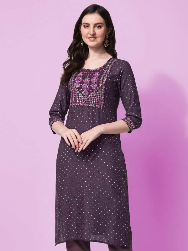 SOURBH Women's  Rayon Sequins Embroidered and Polka Dots Printed Straight Fit Kurti Only 2XL Purple