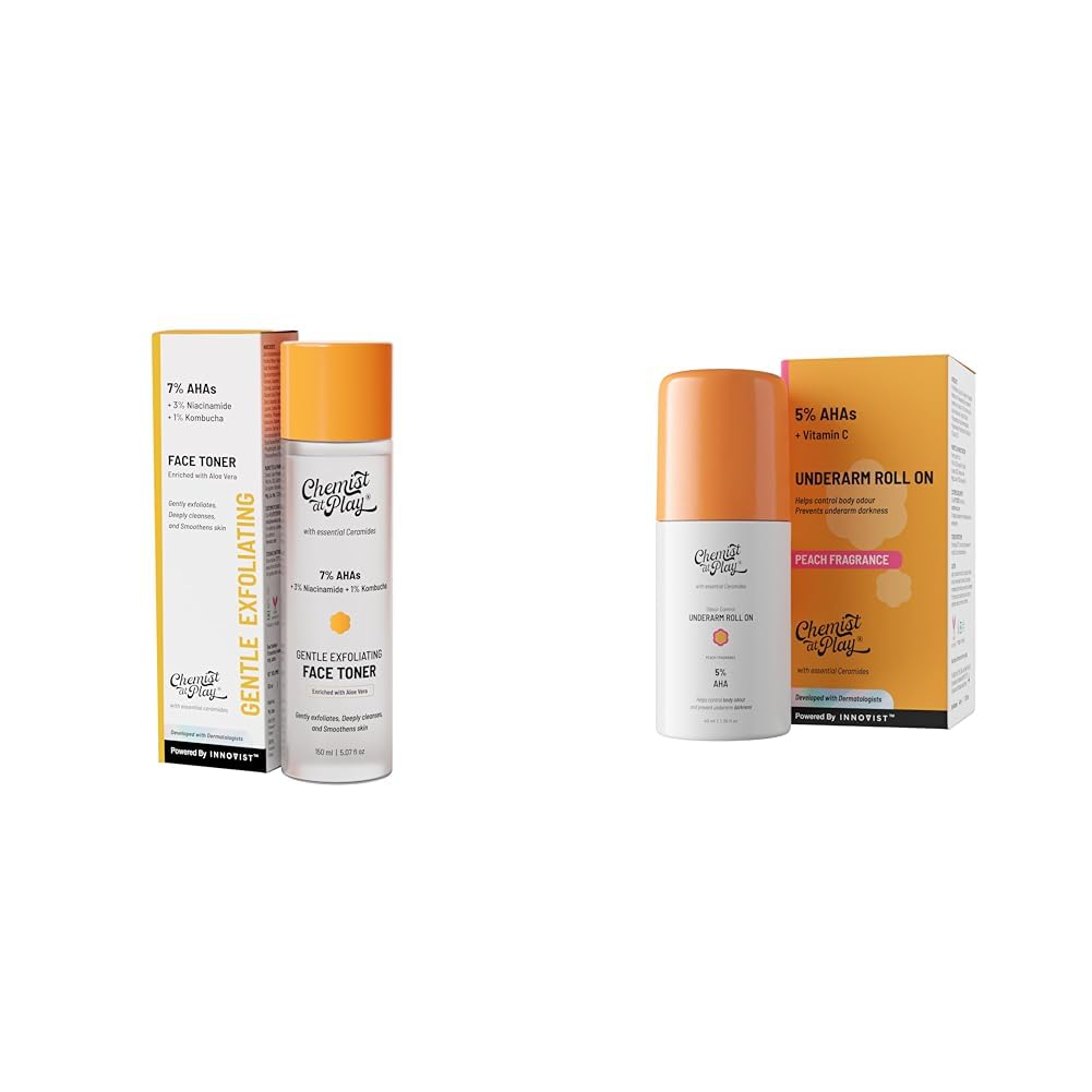 Chemist At Play Glycolic Acid Face Toner for Gentle Exfoliation & Skin Hydration| 150ml + UnderArm Roll-On Deodorant with 5% AHA Vegan | SLS Free | 40ml