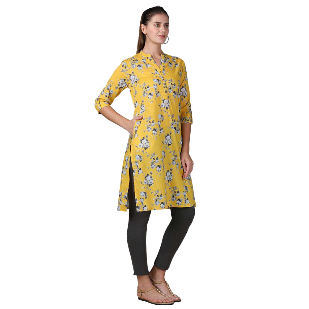 in. fuse by Shoppers Stop Mandarin Neck Printed Cotton Women Straight Fit Kurta