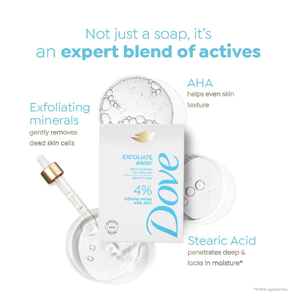 Dove Exfoliate Away Serum Beauty Bar | 4% Refining Serum + AHA | Micro-polishes for silkier skin | Paraben & SLS free | 125g