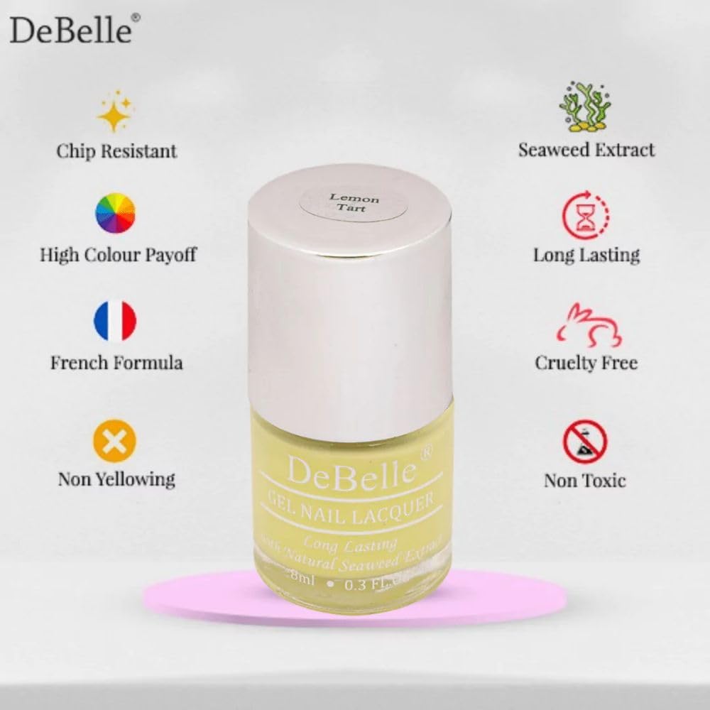 DeBelle Gel Nail Polish Lemon Tart (Lemon Yellow)|Non UV - Gel Finish |Chip Resistant | Seaweed Enriched Formula| Long Lasting|Cruelty and Toxic Free| 8ml Glossy Finish