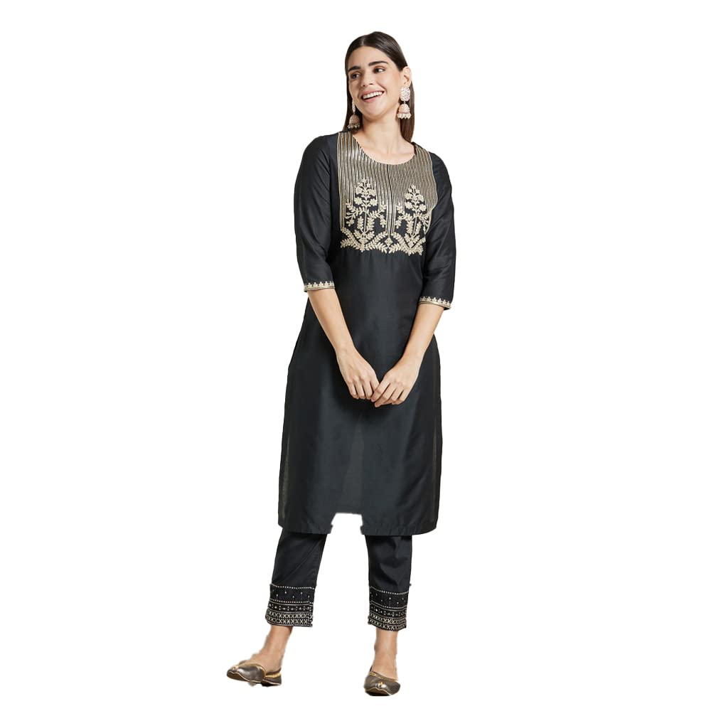 Kashish Women's  Viscose Embroidered Round Neck Straight Fit Kurta