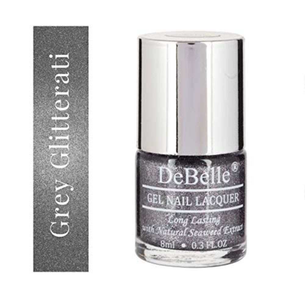 DeBelle Gel Nail Polish Grey Glitteratti (Silver Glitter Nail Paint)|Non UV - Gel Finish |Chip Resistant | Seaweed Enriched Formula| Long Lasting|Cruelty and Toxic Free| 8ml