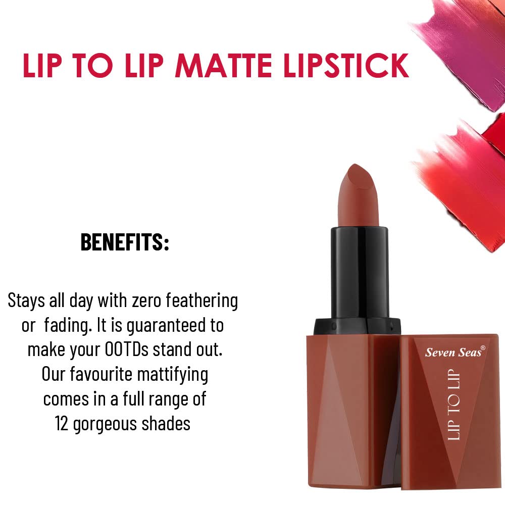 Seven Seas Lip To Lip Matte Full Coverage Long Lasting Lipstick | Smooth Application |Transferproof & Smudge Proof | Highly Pigemented Lipstick for Women (Monza-I)