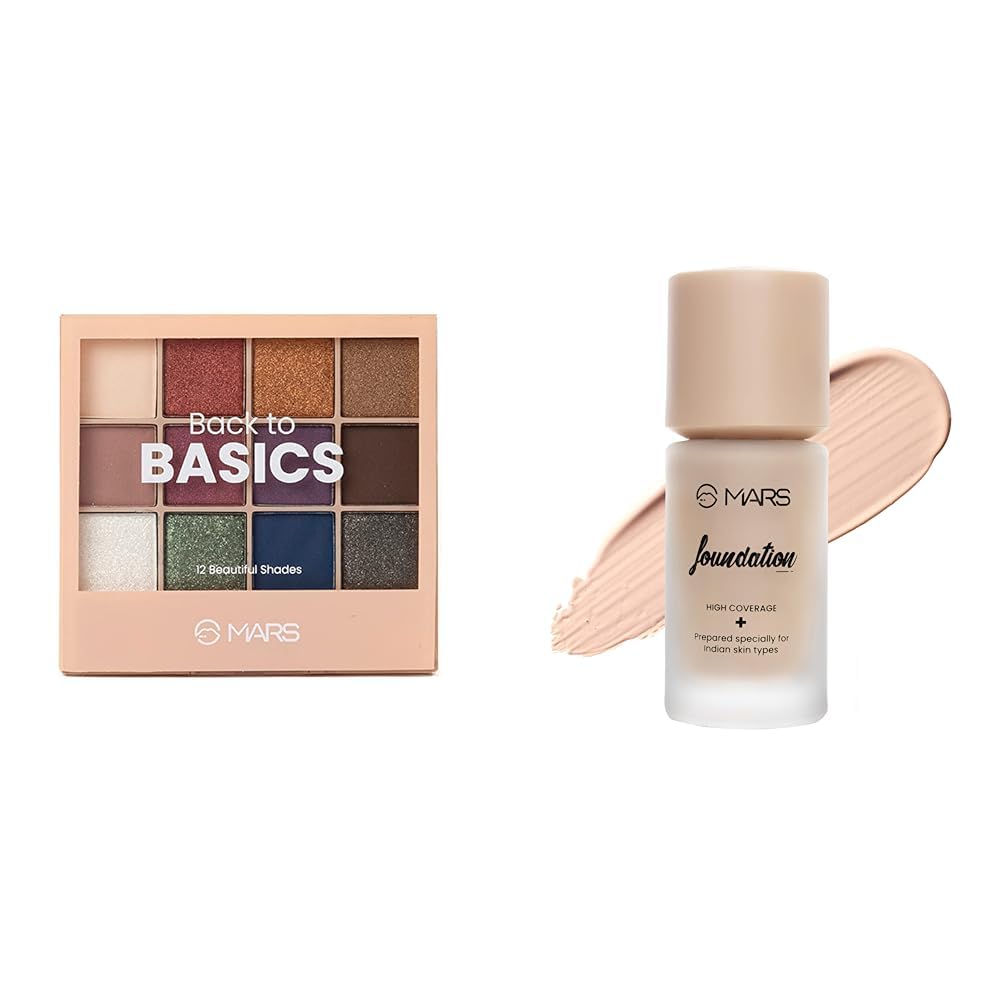 MARS 12 Shades Back to Basics Eyeshadow Palette with Free Applicator (14.4 gm) (Shade-01) High Coverage Liquid Matte Foundation | Blemish Free & Blendable Foundation For Makeup (40Ml) (Shade-02), All
