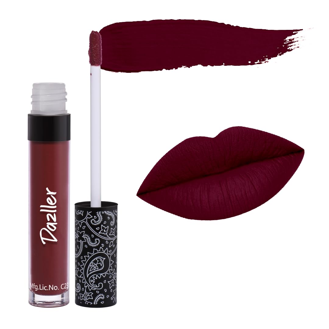 DAZLLER All Day Lipcolour|Moisturizing Kokum Butter|Non-Transfer & Smudge-Proof|8Hr Stay|Matte Liquid Lipstick for Women|Dlc030 Deep Burgundy|6G