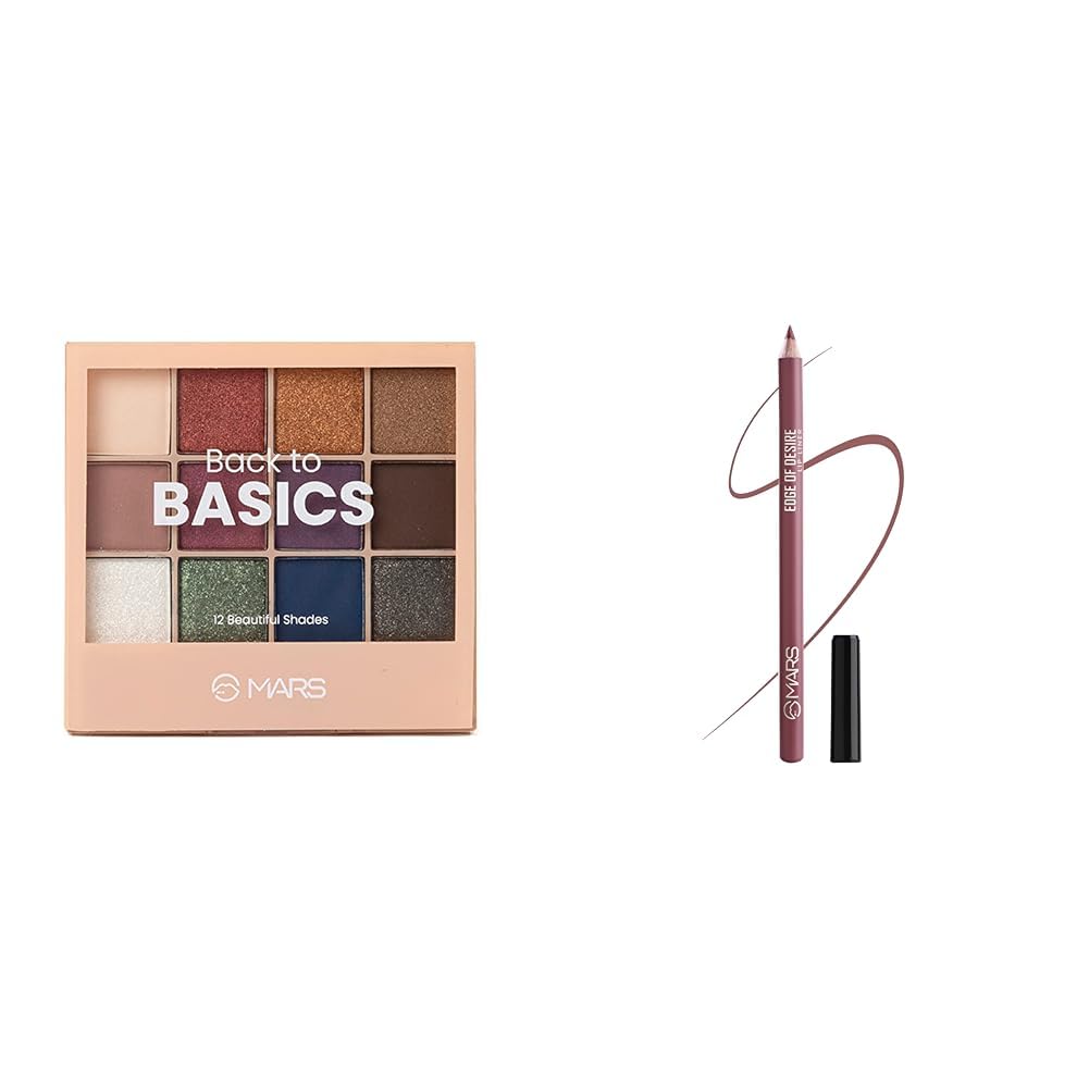 MARS 12 Shades Back to Basics Eyeshadow Palette with Free Applicator (14.4 gm) (Shade-01) Matte Lip Liner | One Swipe Smooth Application | Long Lasting Lip Pencil (1.4gm) (18-MAUVE MAGIC)