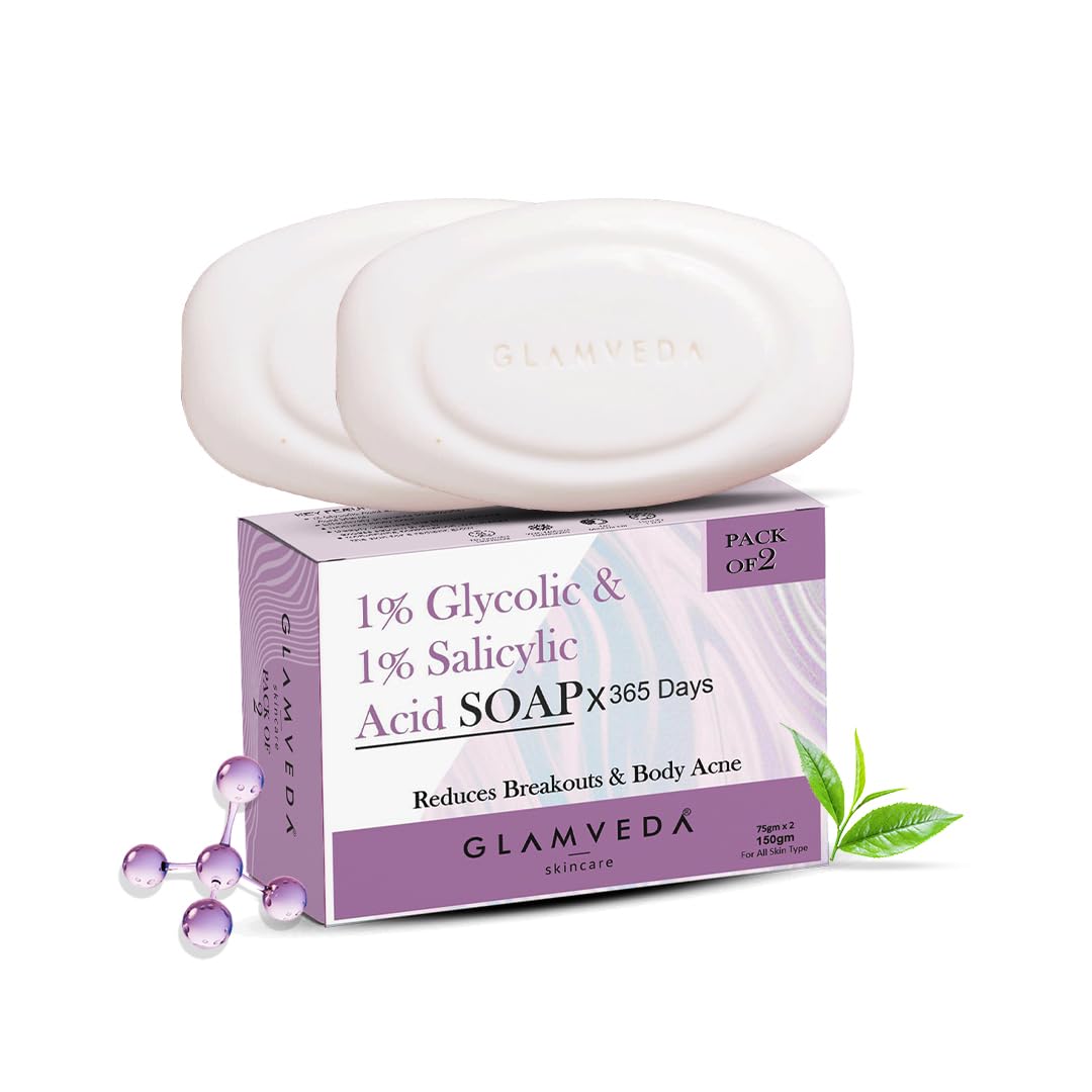 Glamveda Anti Acne 1% ww Glycolic Acid & 1% ww Salicylic Acid Soap | Reduces Dark Spots, Acne Scars & Hyperpigmentation - 75gm Pack of 2