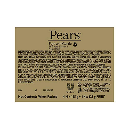 Pears Pure & Gentle Soap Bar (Buy 4 get 1 free) - With Glycerin for Soft, Glowing Skin & Body, Paraben-Free Body Soaps For Bath