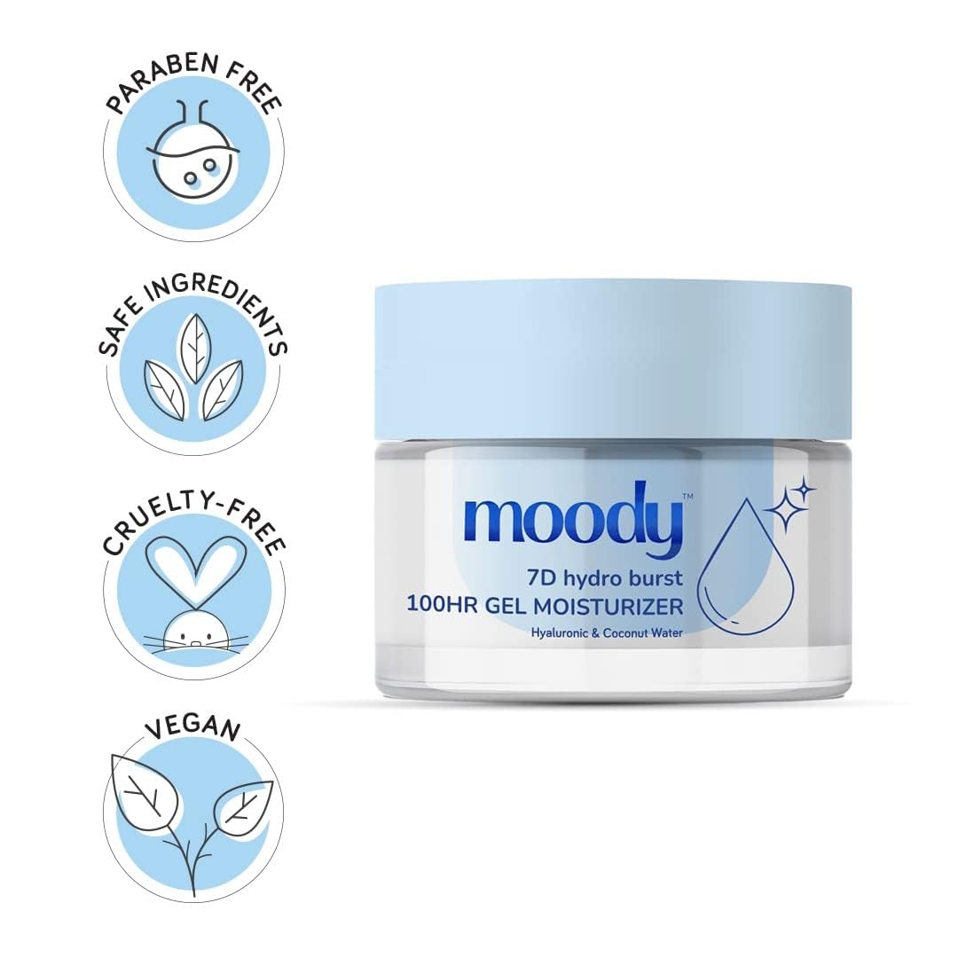 Moody 7D Hydro Burst Oil-Free Water Gel Face Moisturizer with Hyaluronic Acid, Ceramides & Peptides for 100HR Hydration | Skin Barrier Repair Cream For All Skin Types | Men & Women, 50 ml