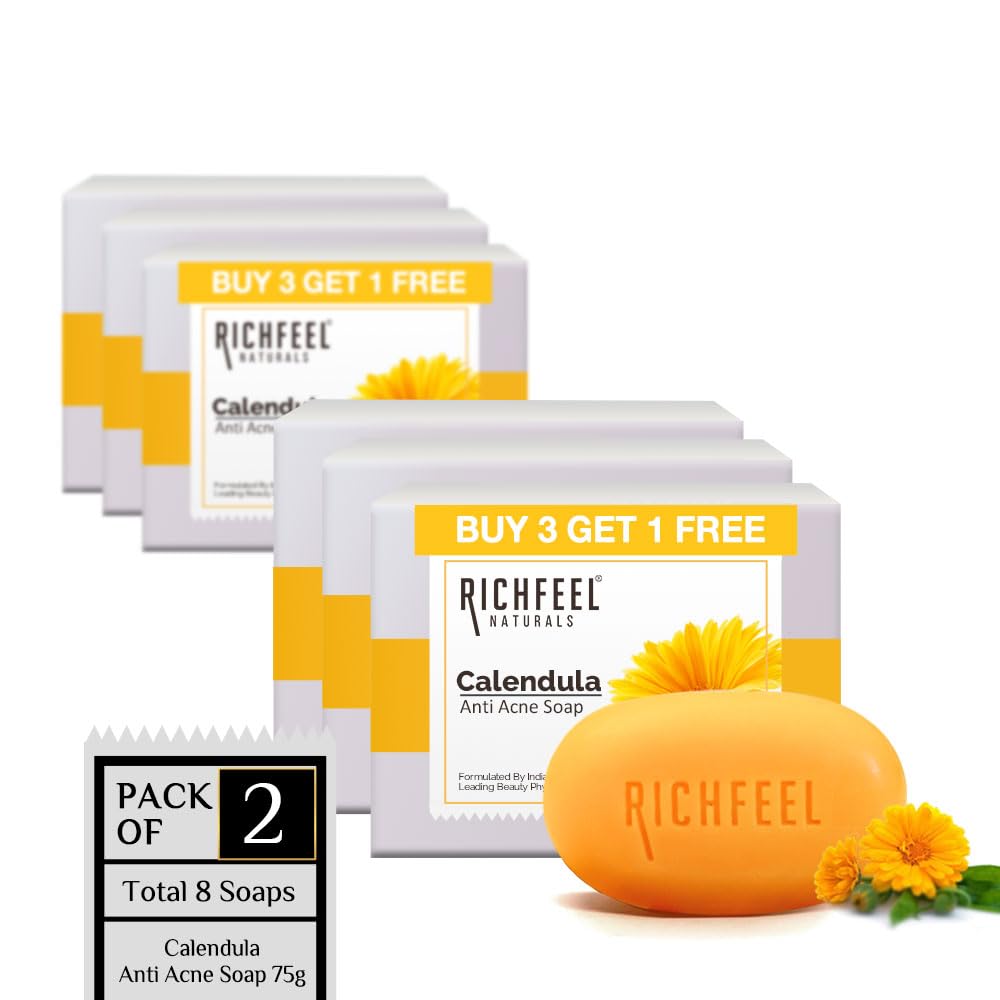 Richfeel Calendula soap | Anti Acne Brightening Soap | Bathing Soaps | Bath Soap for Men & Women | Soaps for Bath | TFM Grade 1 Soap | For Oily Skin | Fades Dark Spots | - 75Gm X 4 (B3G1) Pack of 2