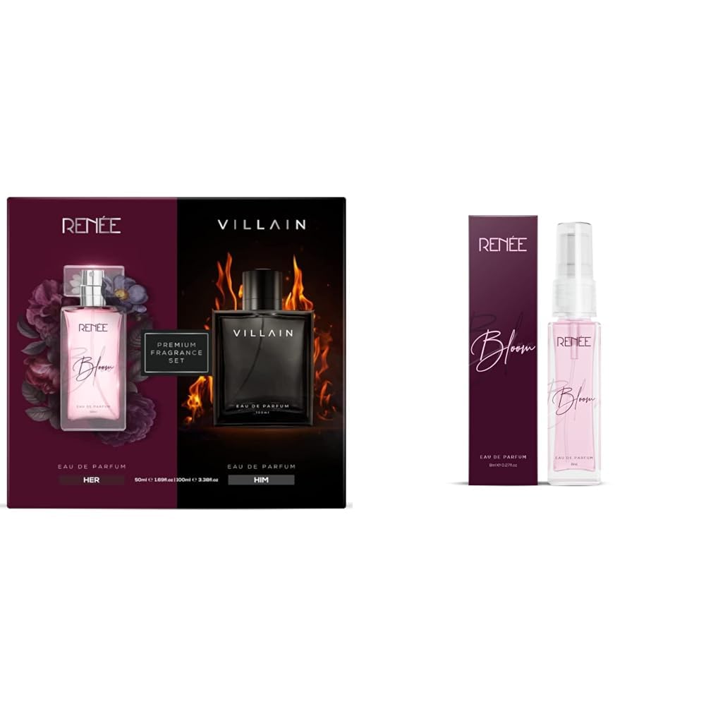 RENEE x VILLAIN Unisex Adult Liquid Premium Eau De Parfum Gift Set 50 ml + 100 ml| Scent for All Occasions & RENEE Eau De Parfum Bloom 8ml,Travel Friendly Mini Perfume
