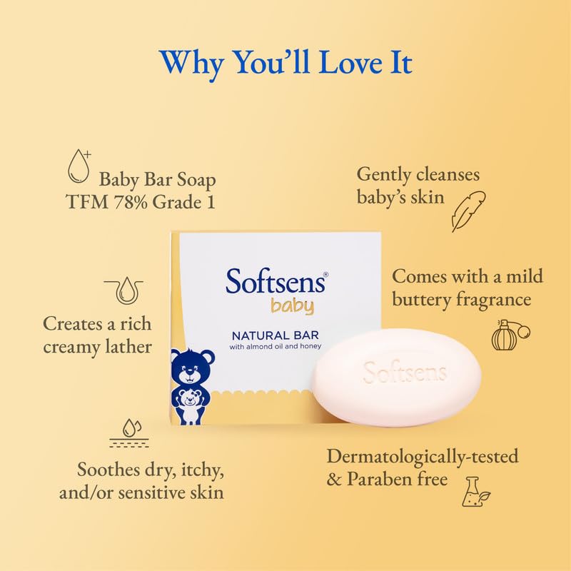 Softsens Baby Natural Bar Soap with Honey, Orange & Natural Almond Oil,Natural Milk Cream,Shea Butter Soaps x 100g (Pack of 2)